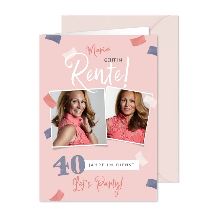 Einladungskarte Austand Rente rosa Konfetti Fotocollage