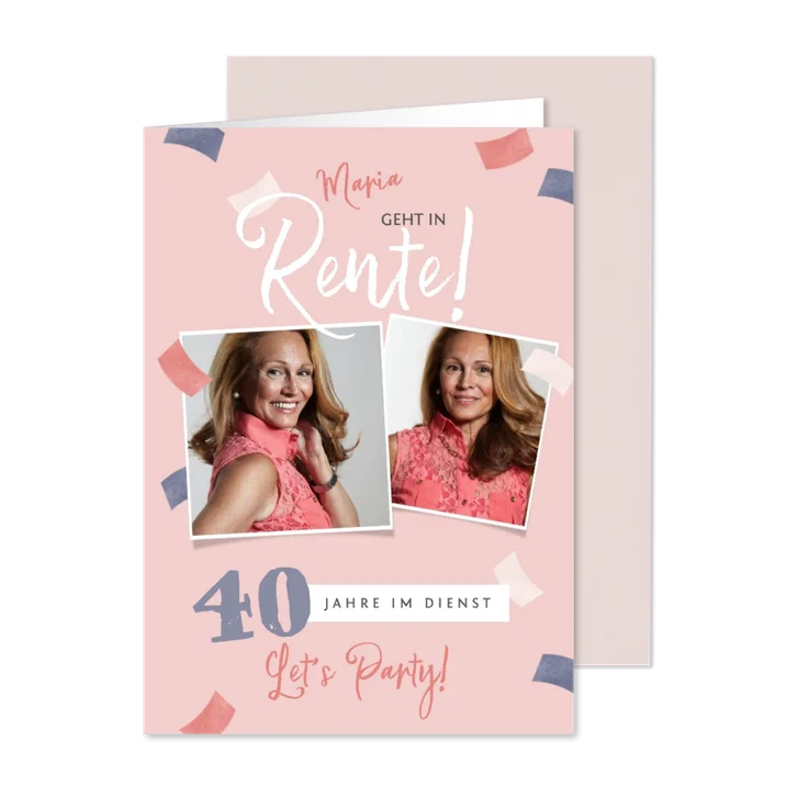 Einladungskarte Austand Rente rosa Konfetti Fotocollage