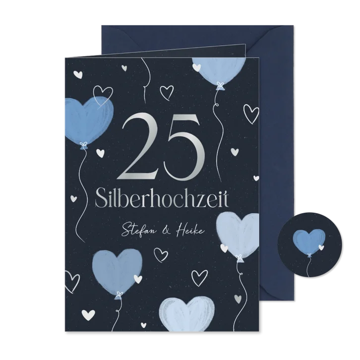 Einladungskarte blaue Herzluftballons Silberhochzeit