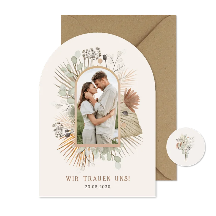 Einladungskarte Bogen Trockenblumen Boho-Hochzeit