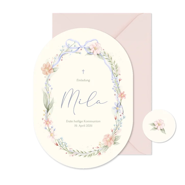 Einladungskarte Bogenform Blumenkranz Kommunion beige