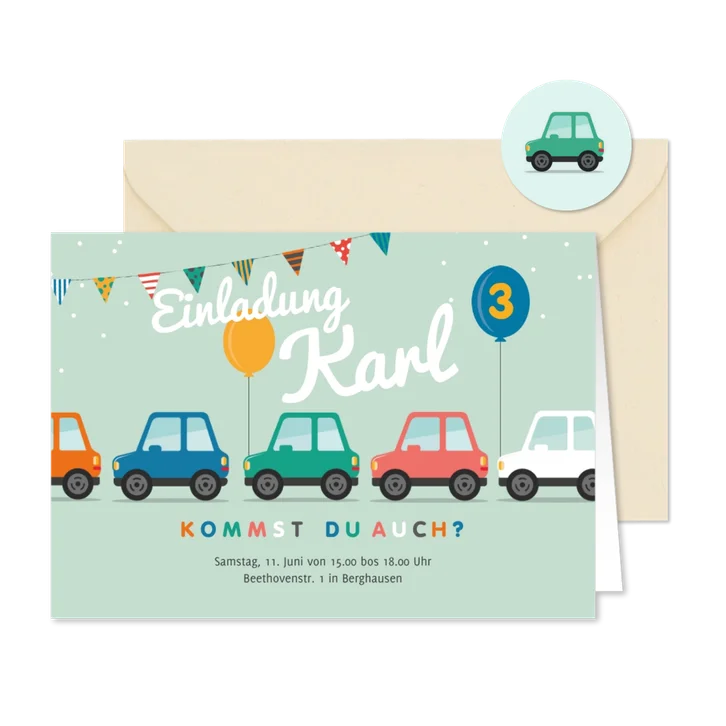 Einladungskarte bunte Autos 3. Geburtstag