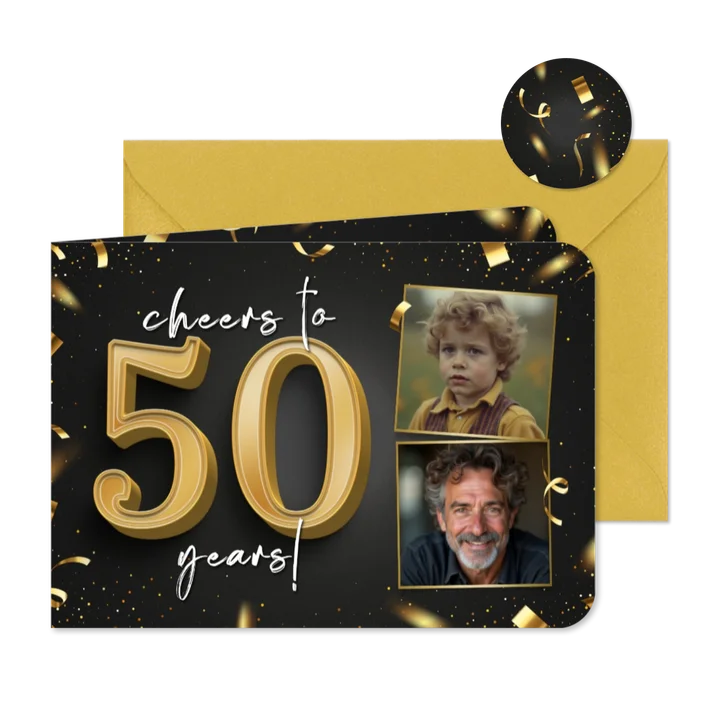 Einladungskarte 'Cheers to 50 years' mit Fotos