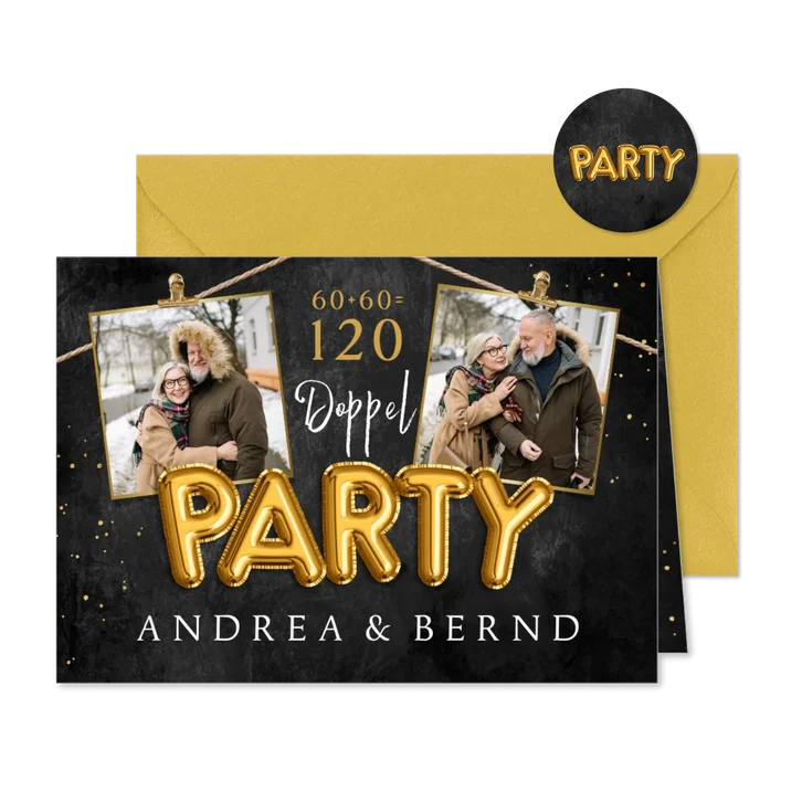 Einladungskarte Doppelparty Fotos an Wäscheleine