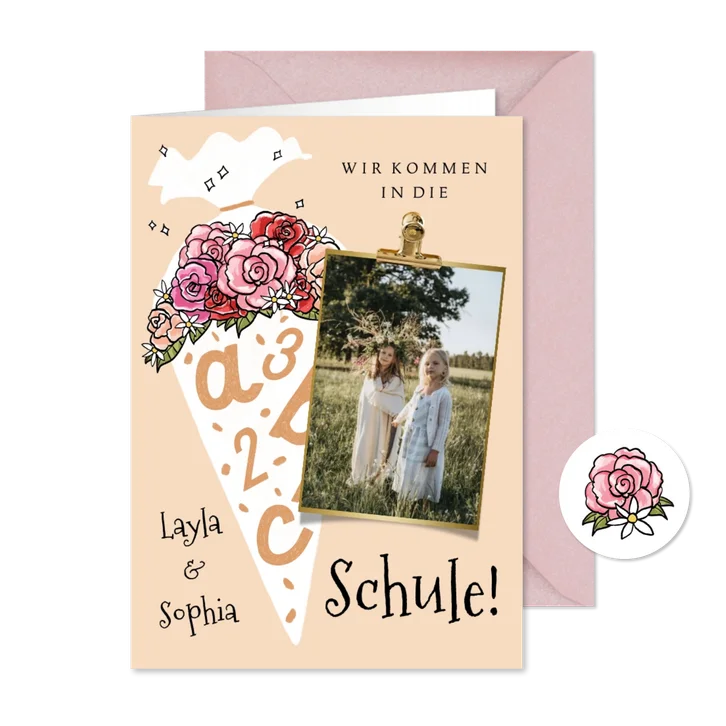 Einladungskarte Einschulung Foto & blumige Schultüte