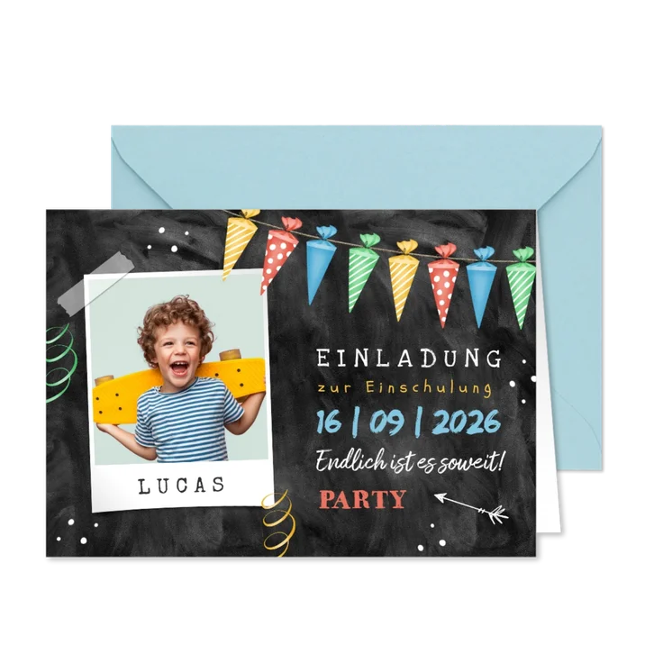 Einladungskarte Einschulung Foto und Schultütengirlande