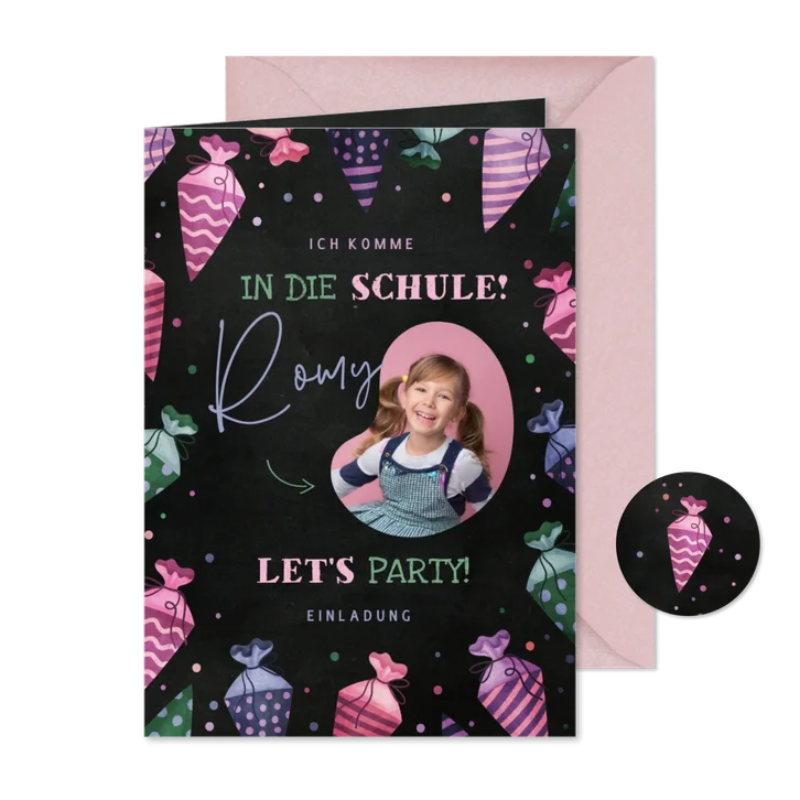 Einladungskarte Einschulung pinke Schultüten & Foto