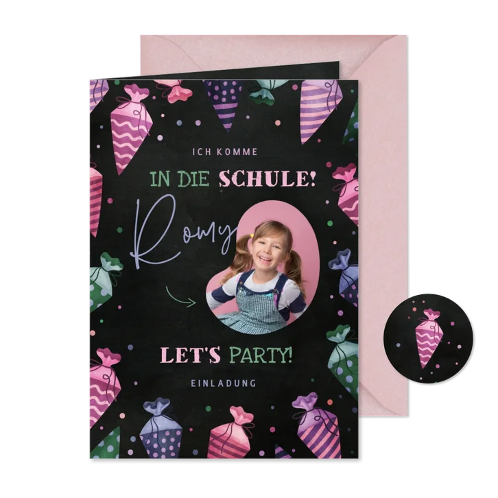 Einladungskarte Einschulung pinke Schultüten & Foto