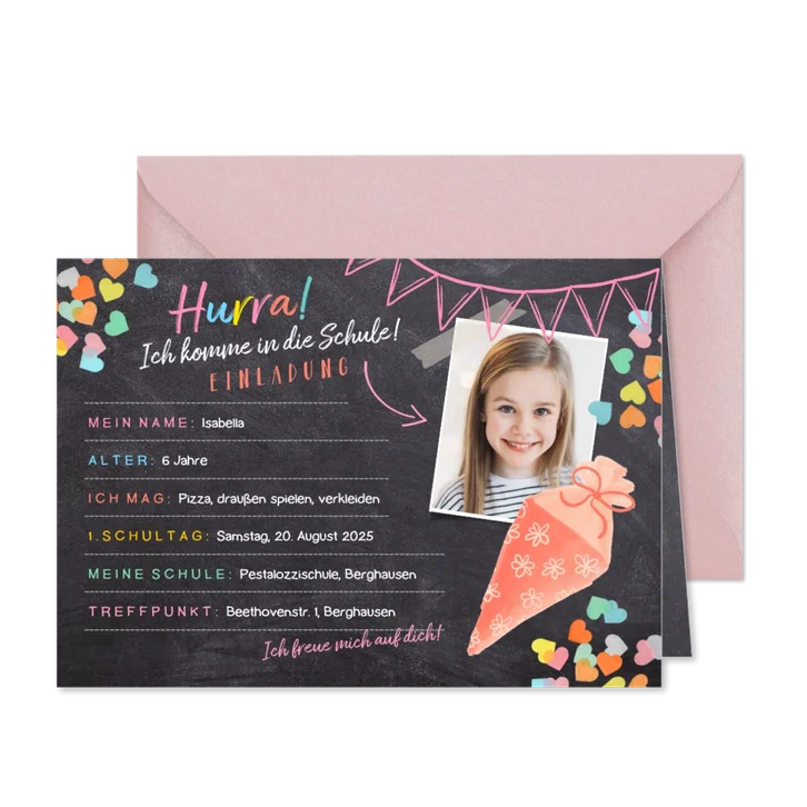 Einladungskarte Einschulung rosa Schultüte und Foto
