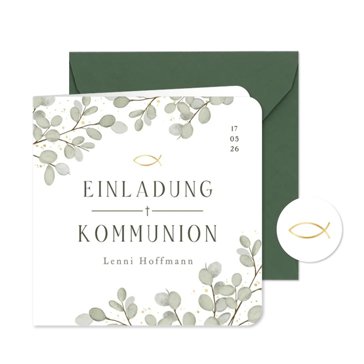 Einladungskarte Eukalyptuszweige Goldkleckse Kommunion