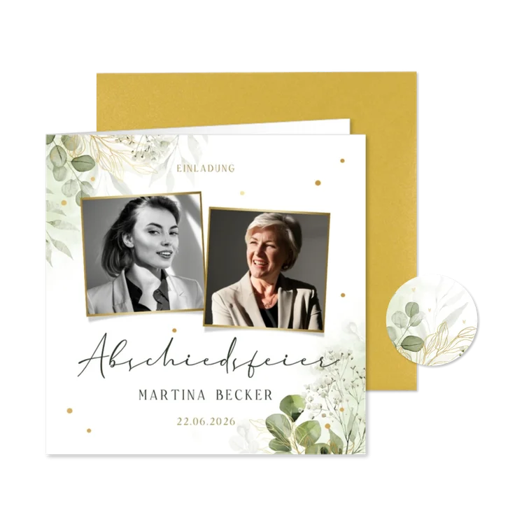 Einladungskarte Fotocollage botanisch Abschiedsfeier Rente