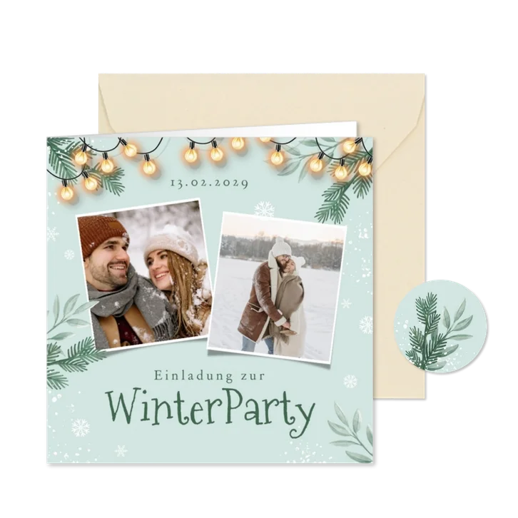 Einladungskarte Fotos Winterparty mit Lichterkette