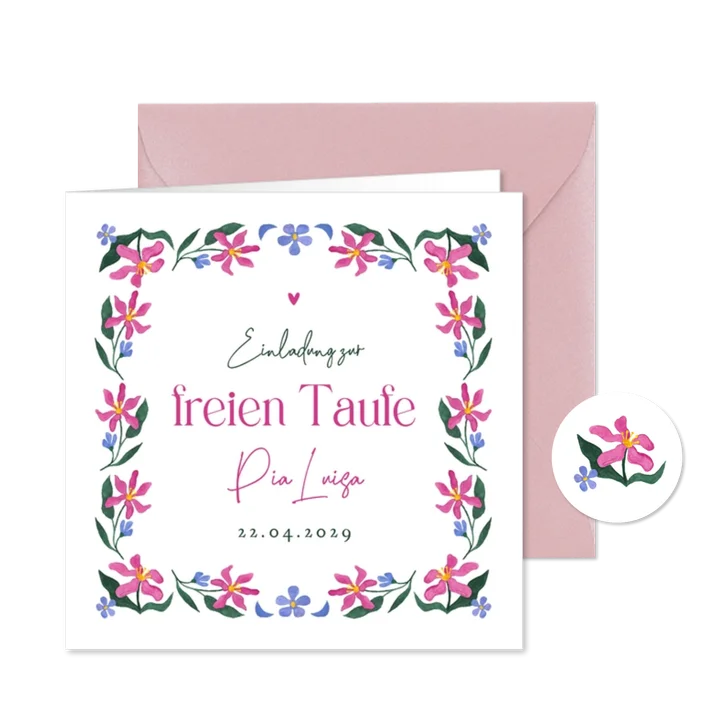Einladungskarte freie Taufe Blumenrahmen 