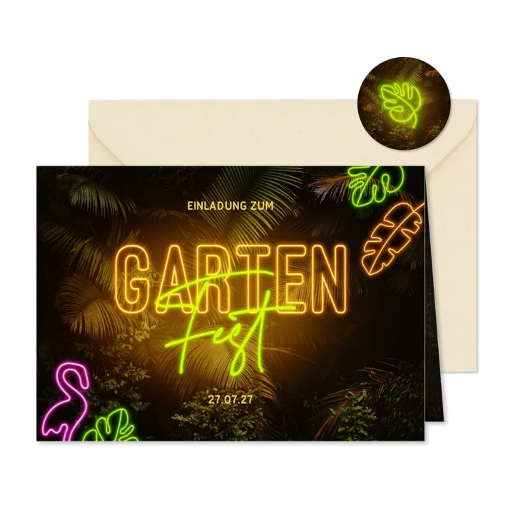 Einladungskarte Gartenfest Neonlicht
