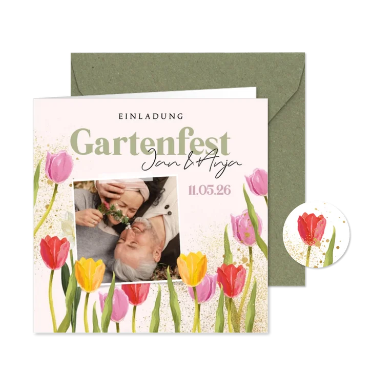 Einladungskarte Gartenfest Tulpen mit Foto Doppel-Geburtstag
