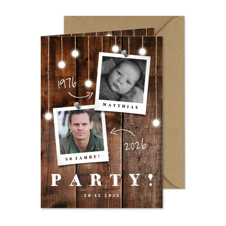 Einladungskarte Geburtstag mit Fotos, Holz und Lämpchen