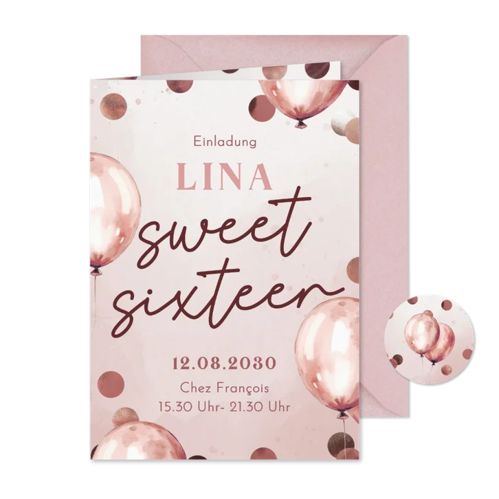 Einladungskarte Geburtstag 'Sweet Sixteen' rosa Luftballons