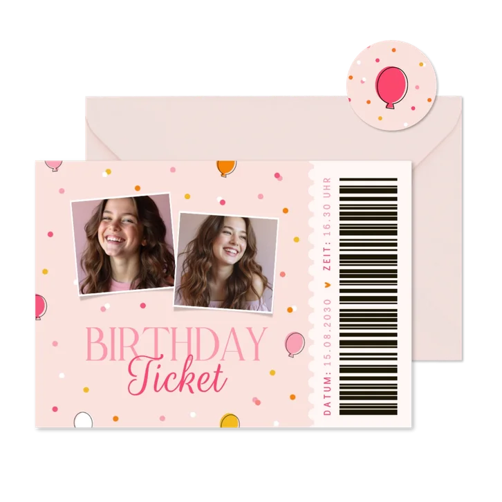 Einladungskarte Geburtstags-Ticket mit Fotos in Rosa