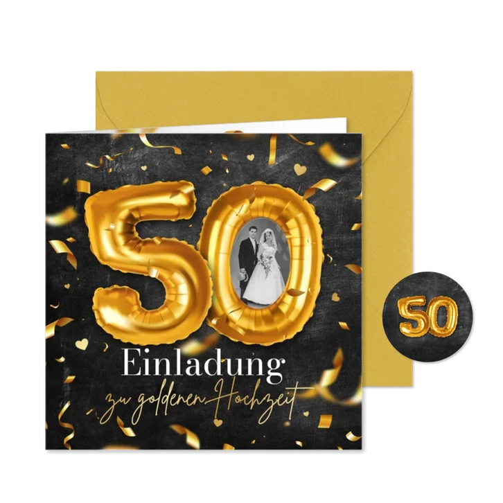Einladungskarte Goldene Hochzeit Foto & Folienaballon