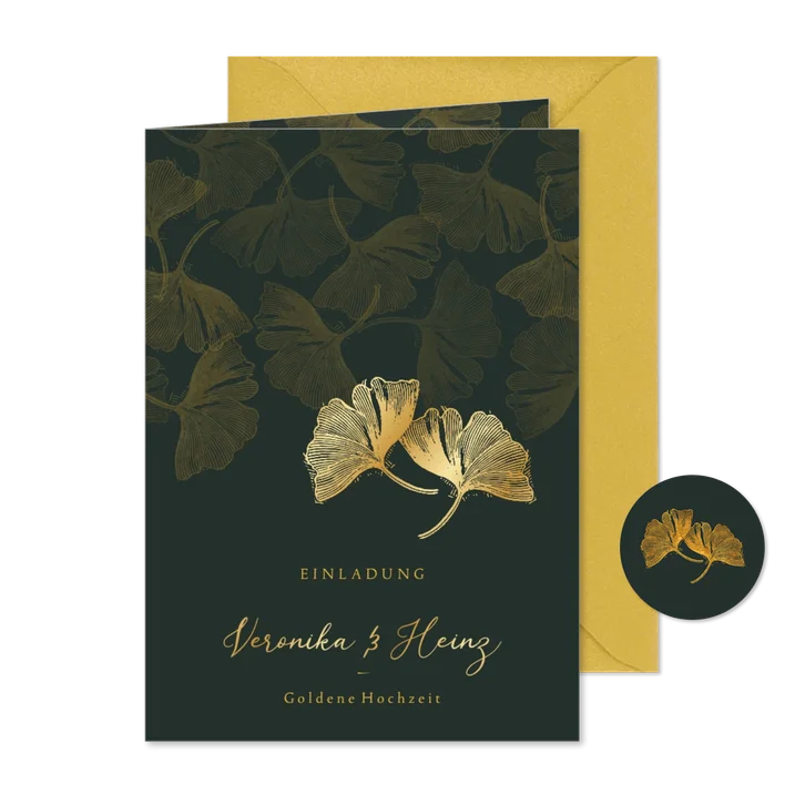 Einladungskarte Goldene Hochzeit Ginkgoblätter