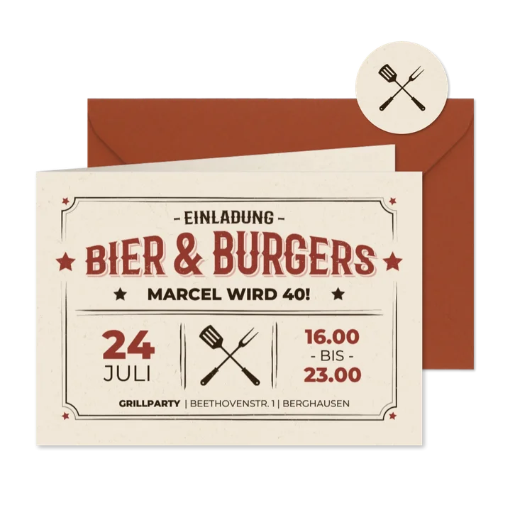 Einladungskarte Grillfest 'Bier & Burgers' Gartenparty