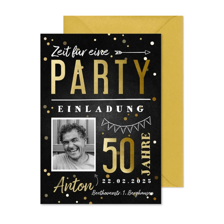 Einladungskarte hip 50. Geburtstag mit Foto und Konfetti