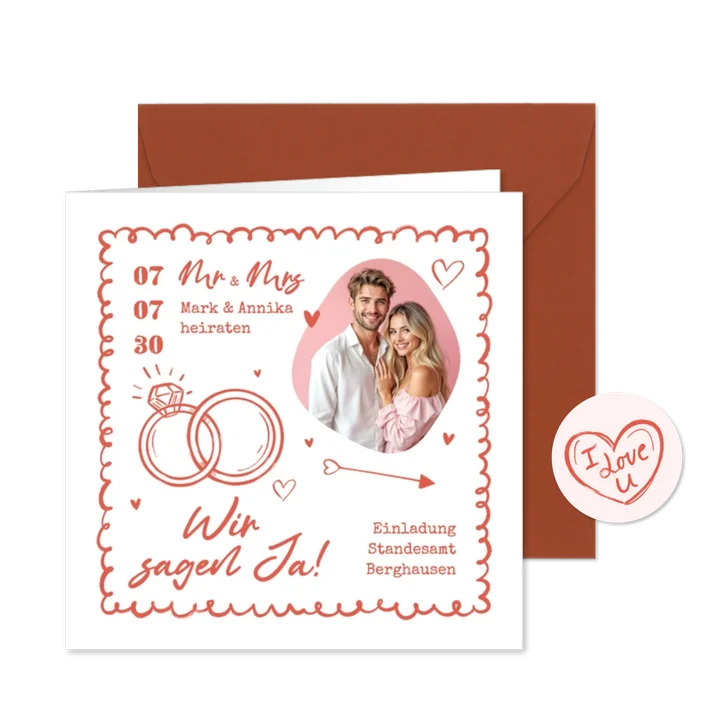 Einladungskarte Hochzeit Doodles und Foto Ringe