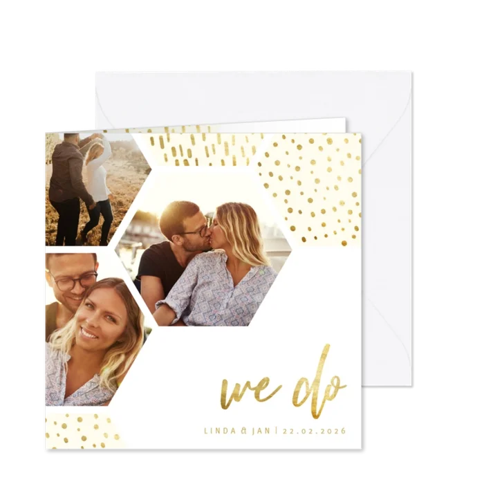 Einladungskarte Hochzeit mit einer Fotocollage im Goldlook