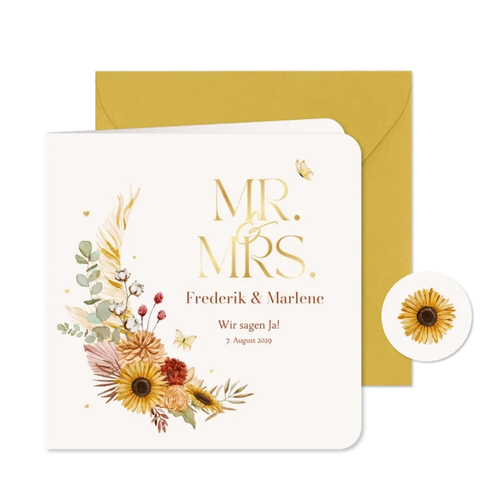 Einladungskarte Hochzeit Sommerblumen & Gold