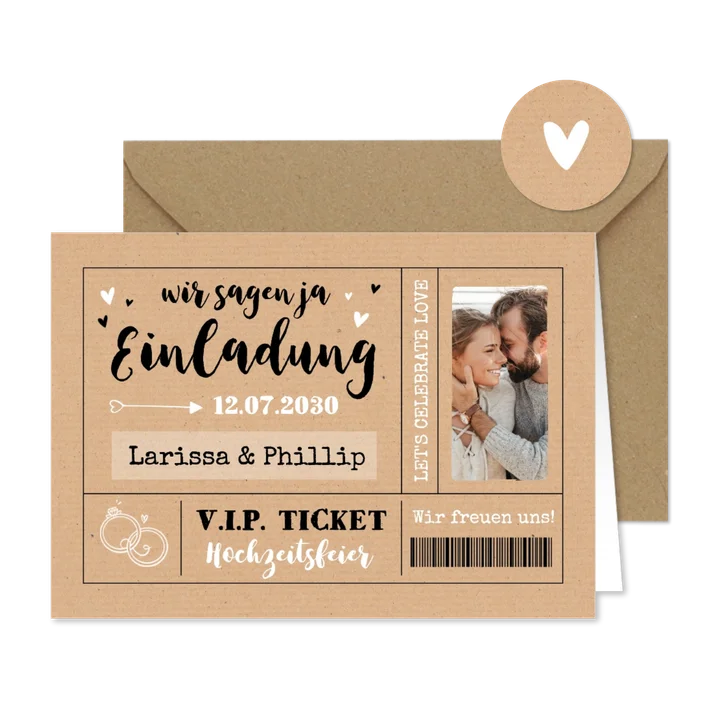 Einladungskarte Hochzeit Ticket Kraftpapier mit Foto