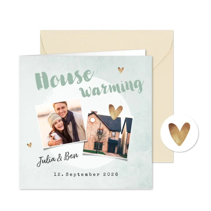 Einladungskarte Housewarming mit Fotos und Herzen