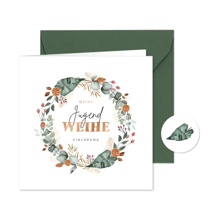 Einladungskarte Jugendweihe Kranz aus Blumen und Blättern