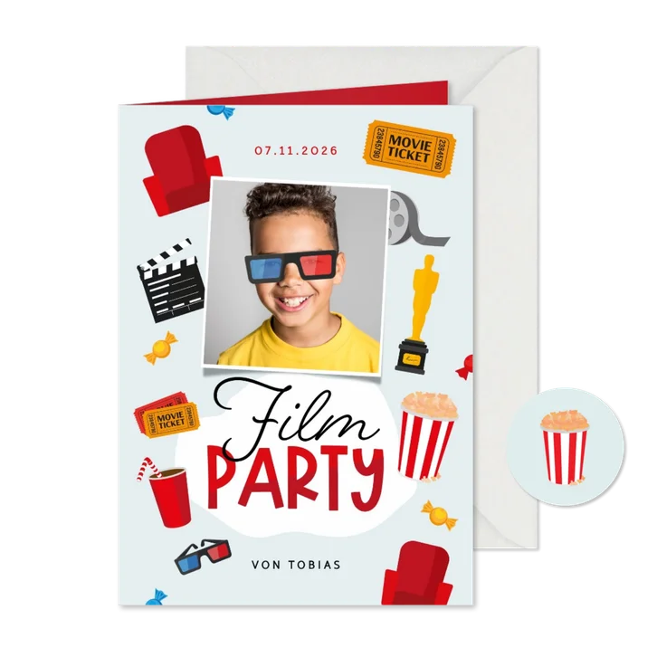 Einladungskarte Kindergeburtstag Kino mit Foto