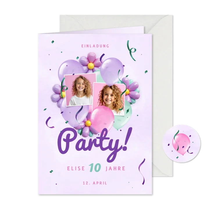 Einladungskarte Kindergeburtstag Party Blumen Luftballons