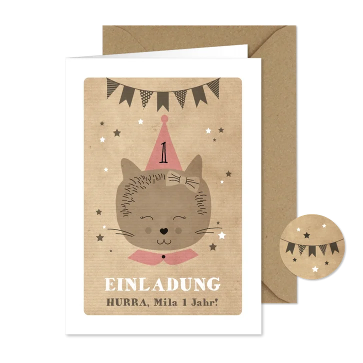 Einladungskarte Kindergeburtstag Partykatze und Sterne