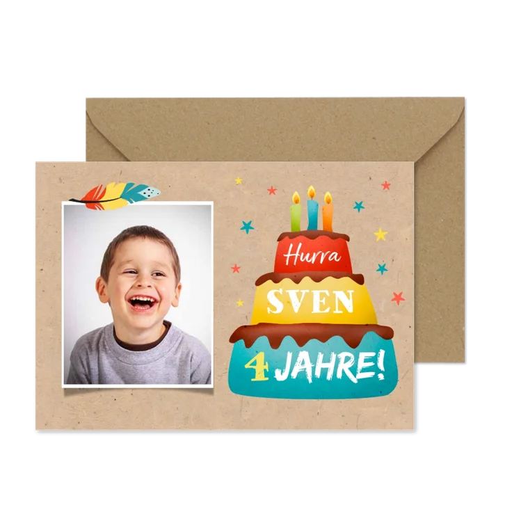 Einladungskarte Kindergeburtstag Torte und Foto 4 Jahre
