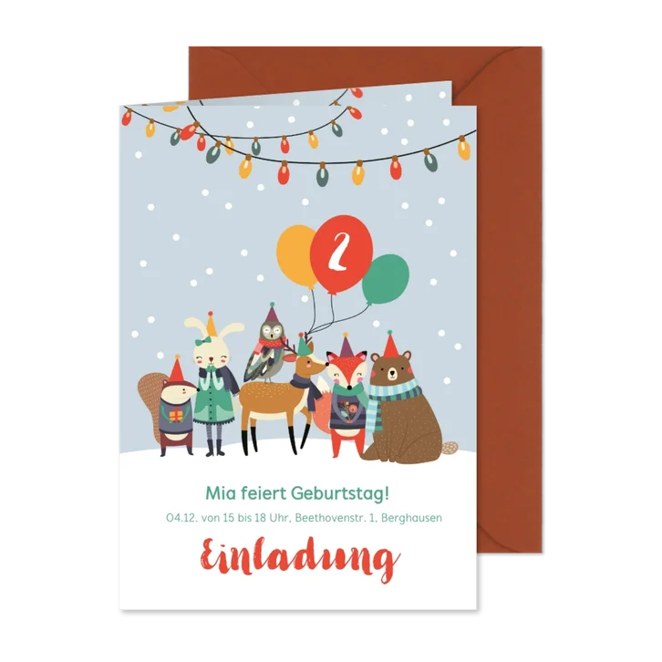 Einladungskarte Kindergeburtstag Wintertiere mit Luftballons