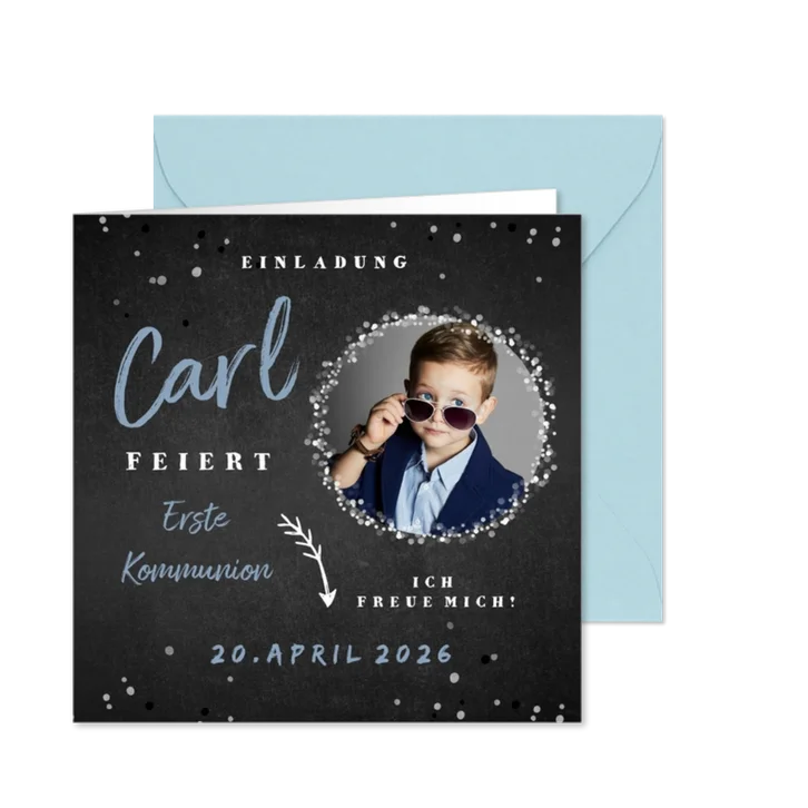 Einladungskarte Kommunion Foto auf Kreidetafel