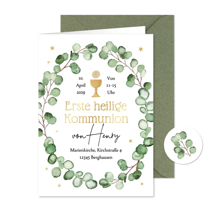 Einladungskarte Kommunion Kranz aus Eukalyptus