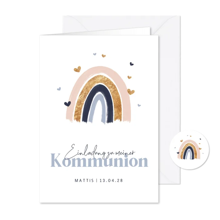 Einladungskarte Kommunion Regenbogen blau