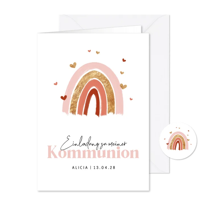 Einladungskarte Kommunion Regenbogen rosa