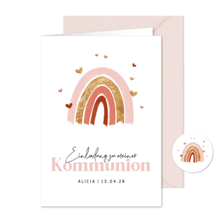 Einladungskarte Kommunion Regenbogen rosa
