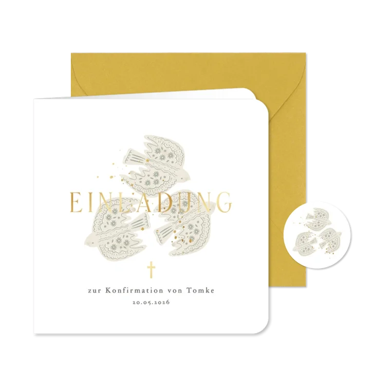 Einladungskarte Konfirmation drei Tauben Goldschrift