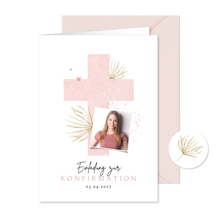 Einladungskarte Konfirmation Foto und rosa Kreuz