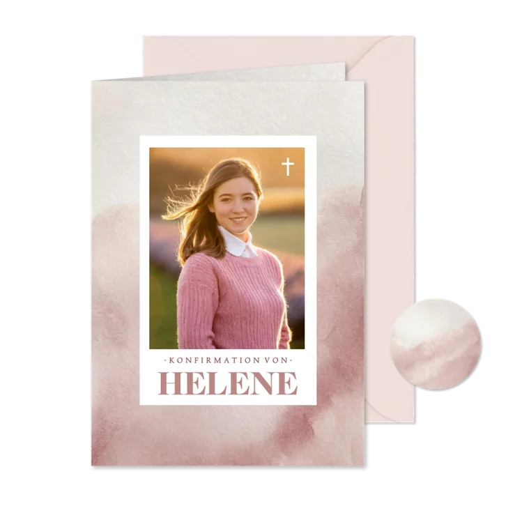 Einladungskarte Konfirmation rosa Aquarell mit Foto