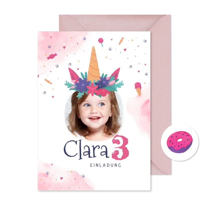 Einladungskarte Mädchen 3. Geburtstag Einhorn mit Foto