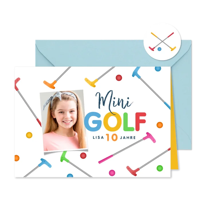 Einladungskarte Minigolf mit Foto, Schläger & Ball 10 Jahre