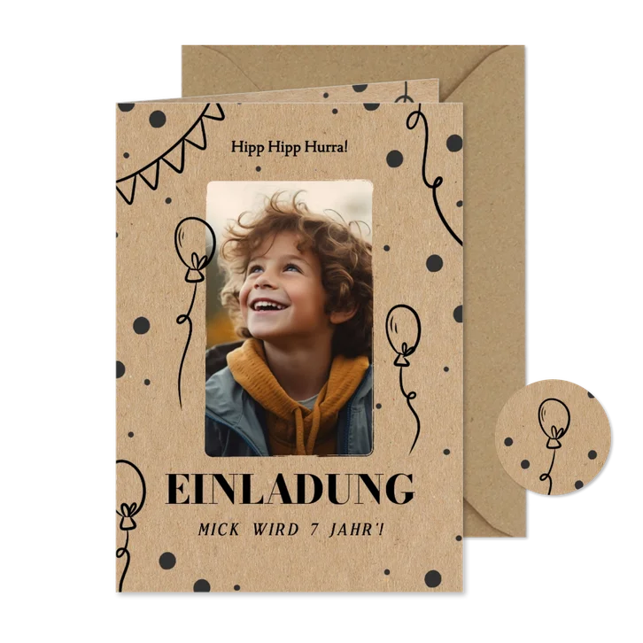 Einladungskarte mit Foto Kindergeburtstag 7 Kraftpapier