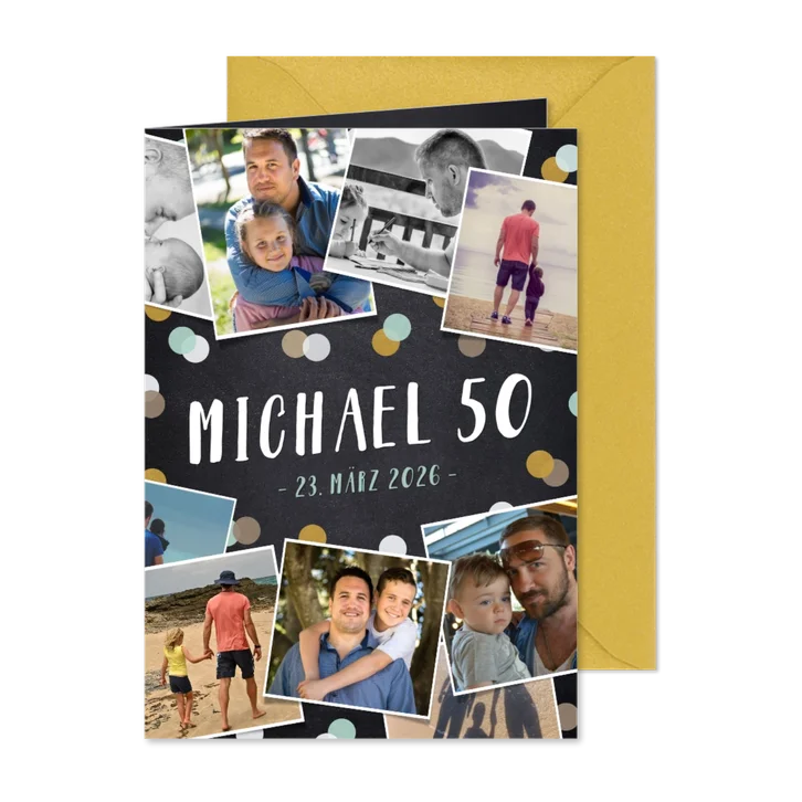 Einladungskarte mit Fotocollage und Konfetti