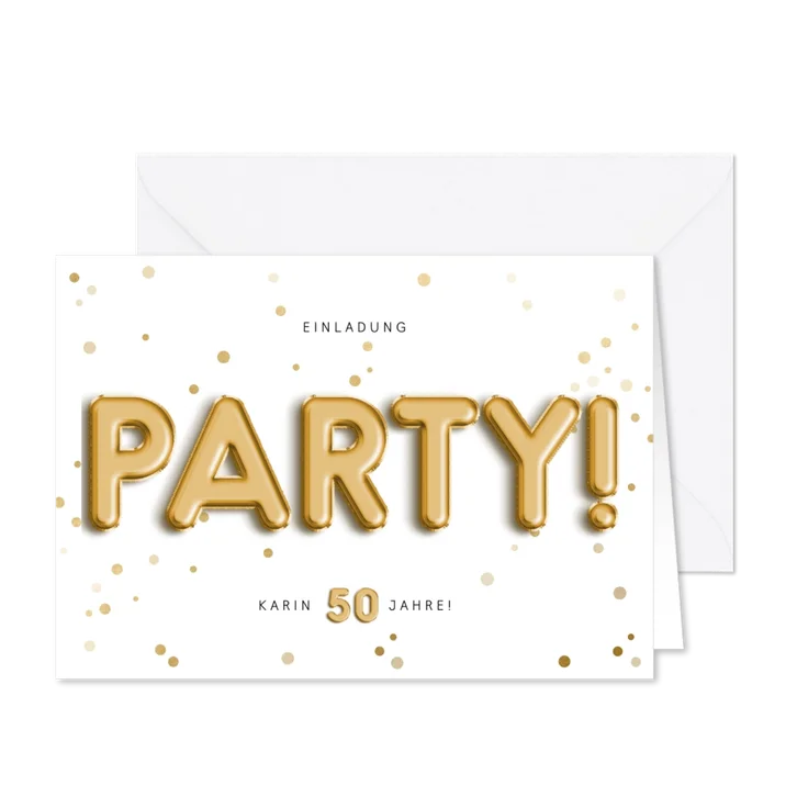 Einladungskarte mit Party Folienballons und Konfetti